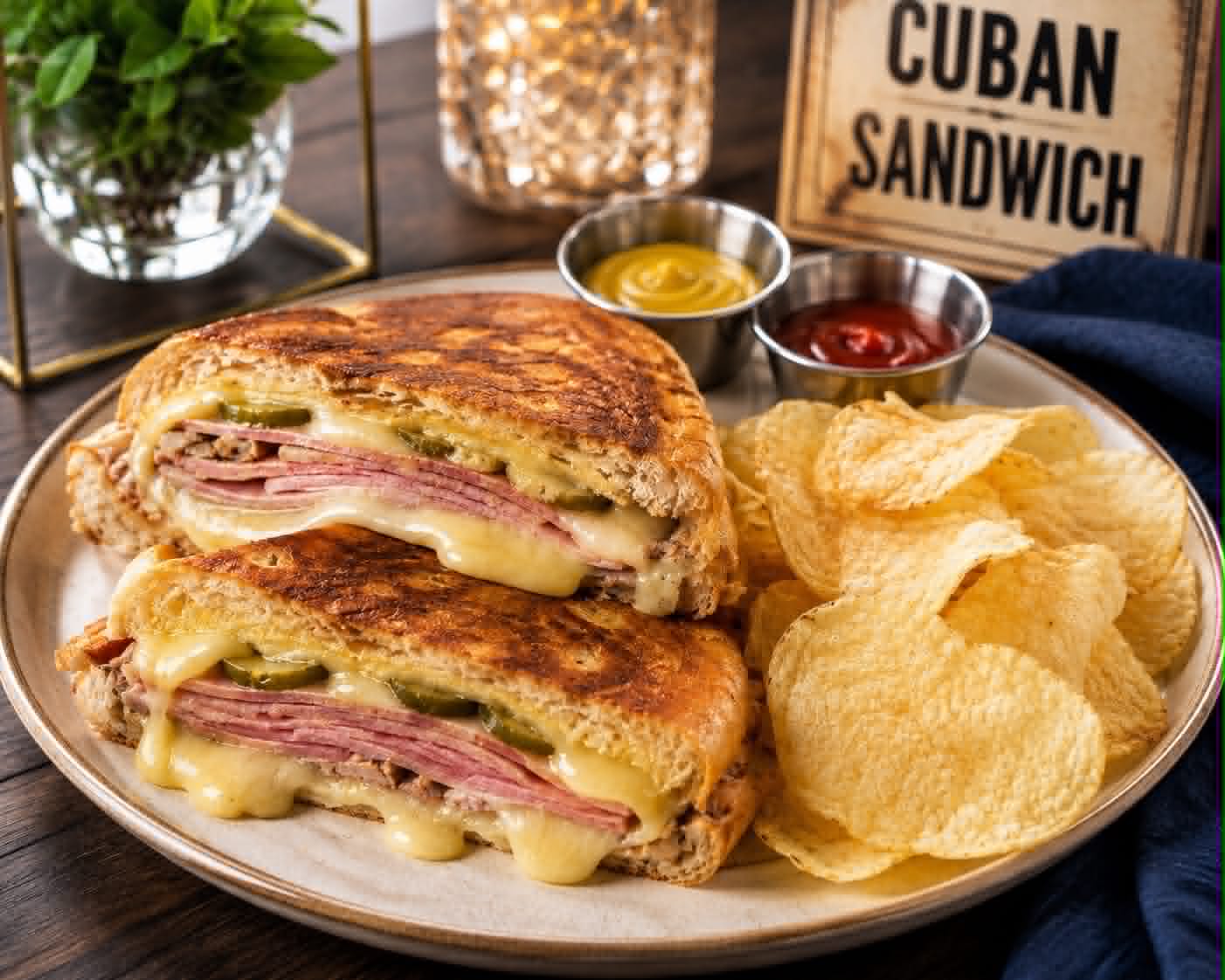 Cuban sandwich with roast chicken, ham, melted cheese and pickles, served with chips at Sea Turtle Cafe